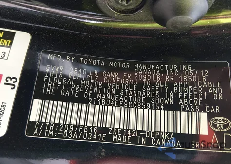 2012 Toyota Corolla Le из США, поврежденный, VIN 2T1BU4EE9CC859154